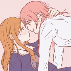Rule 34 | 2girls, bang dream!, bang dream! it&#039;s mygo!!!!!, blue shirt, blush, brown hair, bupalkun, chihaya anon, closed mouth, commentary request, ear blush, eye contact, fang, grey neckerchief, highres, korean commentary, long hair, long sleeves, looking at another, multiple girls, nagasaki soyo, neck blush, neckerchief, noses touching, parted lips, pink background, pink hair, sailor collar, shirt, simple background, smile, sweatdrop, white sailor collar, white shirt, yuri