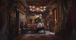 1girl absurdres armor armored_dress commentary curtains dress elvafirst full_body gauntlets greaves hallway helmet highres holding holding_sword holding_weapon long_dress long_hair original painting_(object) red_dress rug solo sword very_long_hair weapon
