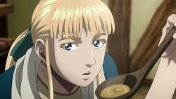 1boy anime_screenshot blonde_hair blue_eyes canute male_focus non-web_source ponytail spoon tagme trap vinland_saga wooden_spoon