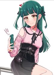 ! !! 1girl against_railing alternate_costume black_ribbon black_skirt breasts cellphone clothing_cutout collared_shirt green_hair hair_ribbon high-waist_skirt highres holding holding_phone ikizulive!_love_live!_bluebird iphone jirai_kei lace_trim long_hair love_live! medium_breasts miniskirt phone pink_shirt railing ribbon rounded_collar shirt shoulder_cutout simple_background skirt smartphone solo two_side_up underbust whin white_background yamada_midori