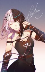 1girl arm_strap black_arm_warmers black_choker black_dress black_hair black_nails breasts choker cleavage dress f15xallen grey_hair highres hololive hololive_english large_breasts long_hair multicolored_hair ribbon shiori_novella shiori_novella_(1st_costume) signature solo split-color_hair striped_arm_warmers two-tone_hair virtual_youtuber white_ribbon yellow_eyes