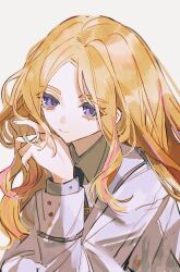 1girl absurdres black_necktie blonde_hair chinese_commentary closed_mouth commentary_request gakuen_idolmaster grey_jacket highres hikawayunn idolmaster jacket juo_sena long_hair long_sleeves necktie purple_eyes sidelocks simple_background solo upper_body white_background