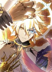 Rule 34 | 1boy, 1girl, alternate form, black gloves, black shirt, blonde hair, blue eyes, commentary request, cracked skin, gloves, hair between eyes, halo, halo behind head, highres, holding another&#039;s wrist, holding puzzle piece, honkai: star rail, honkai (series), material growth, mem (honkai: star rail), phainon (honkai: star rail), puzzle piece, shiba (tonari no shiba inu), shirt, short hair, stelle (honkai: star rail), torn clothes, torn shirt, trailblazer (honkai: star rail), yellow blood, yellow eyes