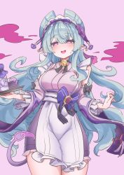 1girl :d absurdres bell blue_hair breasts commentary_request cowboy_shot detached_sleeves frilled_hairband frills genshin_impact hairband highres holding holding_tray japanese_clothes kimono long_hair looking_at_viewer neck_bell nihongami open_mouth pink_background pink_kimono pointy_ears purple_eyes purple_sleeves simple_background smile solo standing sweatdrop sy_(syy_gv) tail tray yumemizuki_mizuki