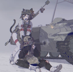 Rule 34 | ammunition pouch, animal ears, arm strap, armored personnel carrier, armored vehicle, b1-517, blood, brown eyes, brown hair, bulletproof vest, cat ears, cat girl, cat tail, dragging, firing, gun, helmet, highres, injury, long hair, medium hair, military, military combat uniform, military uniform, motor vehicle, one eye closed, open mouth, original, pouch, ribbon of saint george, rifle, russo-ukrainian war, shoes, skindentation, sneakers, sniper rifle, snow, soldier, tactical clothes, tail, teeth, thigh strap, torn clothes, upper teeth only, vss vintorez, weapon, winter, z (russian symbol)