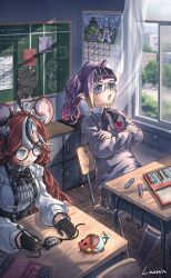 Rule 34 | ahoge, animal ears, black bow, black hair, blue eyes, blunt bangs, bow, calendar (object), chair, chalkboard, classroom, crayon, desk, drooling, eyepatch, gloves, gradient hair, hakos baelz, hakos baelz (steel rose), highres, hololive, hololive english, indoors, koseki bijou, laznia, long hair, medical eyepatch, mole, mole under eye, mouse ears, mouse girl, mr. squeaks (hakos baelz), multicolored hair, multiple girls, ninomae ina&#039;nis, ninomae ina&#039;nis (school uniform), official alternate costume, open mouth, orange hair, pointy ears, purple hair, red hair, school chair, school desk, school uniform, shirt, sidelocks, sleeping, streaked hair, suspenders, takodachi (ninomae ina&#039;nis), virtual youtuber, white hair, white shirt, window