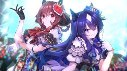 2girls absurdres animal_ears arm_under_breasts asymmetrical_gloves black_corset black_gloves blue_bow blue_bowtie blue_hair bow bowtie braid braided_hair_rings breasts brown_hair corset ear_covers ear_ornament gentildonna_(umamusume) gloves hair_between_eyes hair_rings heart-shaped_ornament heart_ear_ornament highres horse_ears horse_girl large_breasts long_hair looking_at_viewer mismatched_gloves mole mole_under_eye multiple_girls purple_eyes red_bow red_bowtie red_eyes ruisuke single_ear_cover smile trailblazer_bash!_(umamusume) umamusume upper_body verxina_(umamusume) white_gloves