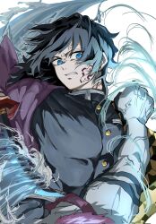Rule 34 | 2boys, absurdres, akaza (kimetsu no yaiba), battle, black jacket, blood, blood on face, blue eyes, buttons, clenched teeth, demon slayer uniform, empty eyes, haori, highres, jacket, japanese clothes, kimetsu no yaiba, male focus, multiple boys, pink hair, punching, red haori, spiked hair, teeth, tomioka giyuu, ukarebocchi, upper body, veins, white background