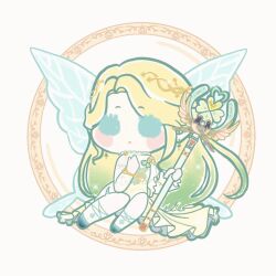 1girl animated animated_gif aqua_eyes aqua_shoes bare_shoulders blinking blonde_hair blue_wings blush_stickers chibi chinese_commentary circle clothing_cutout clover clover_brooch clover_earrings commentary_request dress earrings expressionless eyelashes fairy fairy_wings first_light_of_dawn_(shining_nikki) fishnet_pantyhose fishnets four-leaf_clover gold gradient_hair green_dress green_hair hand_on_own_chest holding holding_staff jewelry long_dress long_hair long_sleeves looping_animation multicolored_hair nikki_(series) pantyhose parted_bangs parted_lips pink_dress pink_hair pink_shoes pink_wings poem_of_light_(shining_nikki) pointy_ears purple_eyes purple_hair shining_nikki shoes shoulder_cutout sitting solid_circle_eyes solo sparkle staff two-tone_hair very_long_hair white_background white_pantyhose wings xiaoyu_qixing