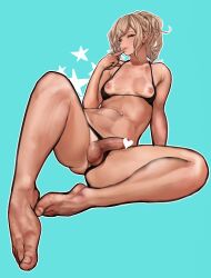 1girl 2n5 absurdres aqua_background bikini black_bikini blonde_hair breasts censored finger_to_mouth full_body futa_without_pussy futanari heart heart_censor highres male_focus medium_breasts navel_piercing nipples original outline penis piercing small_breasts solo star_(symbol) swimsuit tan tanline testicles white_outline