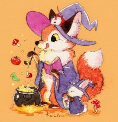 2others animal animal_ears animal_hands animal_on_head book cauldron cloak commentary_request fluffy fox_ears fox_tail furry furry_and_animal hat highres holding holding_book holding_ladle konatsu_tunacan ladle mouse_(animal) multiple_others mushroom on_head orange_background original other_focus purple_cloak purple_hat rabbit_ears rabbit_tail simple_background size_difference tail traditional_media witch witch_hat