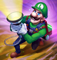 1boy belt blue_eyes buckle dasgnomo english_text facial_hair gloves gooigi hat highres lamp looking_up luigi luigi&#039;s_mansion luigi&#039;s_mansion_3 mario_(series) muscular muscular_male mustache nintendo on_one_knee overalls poltergust_3000 purple_background shoes struggling sweatdrop vacuum_cleaner