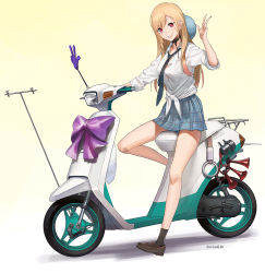 1girl a1_(initial-g) barbell_piercing black_choker black_socks blonde_hair blue_skirt blush brown_shoes choker collared_shirt colored_tips ear_piercing earrings fake_nails gradient_hair grey_necktie gyaru helmet highres industrial_piercing jewelry kitagawa_marin loafers long_hair looking_at_viewer motor_vehicle motorcycle_helmet multicolored_hair necktie open_mouth piercing plaid_clothes plaid_skirt pleated_skirt red_eyes red_hair school_uniform scooter shirt shoes skirt smile socks solo sono_bisque_doll_wa_koi_wo_suru swept_bangs tied_shirt unworn_headwear unworn_helmet v vespa white_shirt