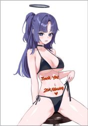 1girl bikini black_bikini black_choker black_halo blue_archive blush choker commentary english_commentary fieryonion halo heart heart-shaped_pupils highres long_hair looking_at_viewer navel peanut_mouth purple_eyes purple_hair side-tie_bikini_bottom solo stomach sweat swimsuit symbol-shaped_pupils teeth thank_you upper_teeth_only very_long_hair yuuka_(blue_archive)