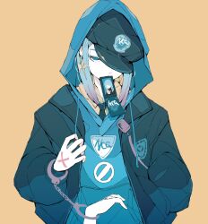 Rule 34 | 1girl, black jacket, blue hair, blue hoodie, cuffs, handcuffs, hat, highres, hood, hood up, hoodie, jacket, long hair, looking at viewer, multicolored hair, nocopyrightgirl, original, police, simple background, yellow background