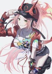 Rule 34 | 1girl, absurdres, baseball cap, belt, black hat, black shorts, breasts, commentary request, crop top, green eyes, hand on headwear, hat, highres, honkai: star rail, honkai (series), horned hat, jacket, klq gm, long hair, pink hair, ponytail, rappa (honkai: star rail), red jacket, shirt, shorts, simple background, smile, solo, very long hair, white background, white belt, white shirt