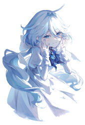 Rule 34 | 1girl, absurdres, ahoge, ascot, blue ascot, blue brooch, blue eyes, blue hair, blush, closed mouth, commentary request, design speculation, dress, fingernails, furina (genshin impact), furina (old design) (genshin impact), furrowed brow, genshin impact, hair between eyes, haru same322, highres, light blue hair, long hair, long sleeves, looking at viewer, multicolored hair, official alternate costume, official alternate hairstyle, prototype design, sidelocks, simple background, solo, streaked hair, two-tone hair, white background, white dress, white hair