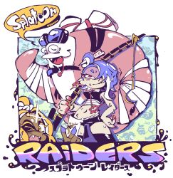 Rule 34 | 1boy, 2girls, arm wrap, big man (splatoon), big man (splatoon raiders), bike shorts, blonde hair, blue hair, dark-skinned female, dark skin, eyeliner, fangs, fishing rod, forehead, frye (splatoon), frye (splatoon raiders), goggles, goggles on head, hair over one eye, hand on own hip, highres, inkling, looking at viewer, makeup, multiple girls, navel, nintendo, octoling, one eye closed, red eyes, shiny skin, shiver (splatoon), shiver (splatoon raiders), smile, splatoon (series), splatoon raiders, sweat, tank top, tentacle hair, thighhighs, tintinmarmar, v