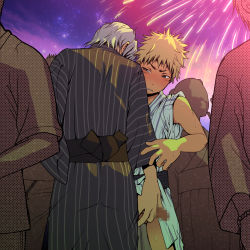 Rule 34 | 2boys, blonde hair, blush, dark-skinned male, dark skin, fireworks, grey hair, groping, handjob, iga issen (1ga), japanese clothes, kimono, male focus, multiple boys, original, penis, precum, public indecency, short hair, sleeves rolled up, stealth handjob, stealth sex, tan, yaoi, yukata