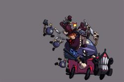 1girl alex_ahad andy_anvil animated animated_gif avery_(skullgirls) bomb car dress explosive full_body george_the_bomb gun hat knife lenny_the_bomb lowres motor_vehicle official_art peacock_(skullgirls) ribbon skullgirls tommy_ten-tons top_hat weapon