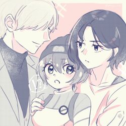!? 1girl 2boys amate_yuzuriha beanie blush boy_sandwich commentary_request gundam gundam_gquuuuuux hair_over_one_eye hat highres jacket looking_at_another mayoi_1010 mecha_pilot_suit multiple_boys open_mouth sandwiched shirouzu_(gundam) shirt short_hair shuji_ito smile speech_bubble spoken_interrobang turtleneck upper_body