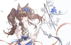 1girl :d absurdres ambience_synesthesia angelina_(ambience_synesthesia_2025)_(arknights) angelina_(arknights) animal_ear_fluff animal_ears arknights bare_shoulders blue_dress blue_flower brown_eyes brown_hair chinese_commentary collarbone commentary_request dress flower hair_between_eyes hair_flower hair_ornament highres holding holding_staff long_hair official_alternate_costume open_mouth shenyi410 simple_background smile solo staff teeth twintails upper_body upper_teeth_only white_background white_dress white_flower