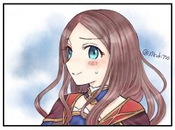 1girl 37kuki770 artist_name blue_collar blue_dress blue_eyes blush border brown_hair closed_mouth collar commentary_request detached_collar dress fate/grand_order fate_(series) frills leonardo_da_vinci_(fate) long_hair looking_at_viewer multicolored_dress portrait red_dress small_sweatdrop smile solo white_border