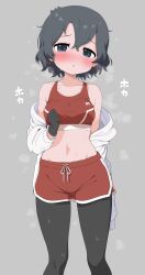 1girl black_hair blue_eyes blush breasts gloves gym_shirt gym_shorts gym_uniform highres jacket japari_symbol kaban_(kemono_friends) kemono_friends looking_at_viewer medium_breasts navel pantyhose pantyhose_under_shorts ransusan red_shorts shirt short_hair short_shorts shorts solo sweat wavy_hair