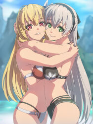 2girls alisa_reinford ao_no_kiseki bikini black_bikini black_hairband blonde_hair breast_press chiharu_(9654784) eiyuu_densetsu elie_macdowell falcom feather_hair_ornament feathers green_eyes grey_hair hair_ornament hairband hajimari_no_kiseki highres hug long_hair multiple_girls red_eyes sen_no_kiseki sen_no_kiseki_(series) sen_no_kiseki_iii sen_no_kiseki_iv swimsuit white_bikini zero_no_kiseki