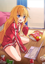 Rule 34 | 10s, 1girl, absurdres, ahoge, barefoot, bed, blonde hair, blue eyes, blush, bottle, bra, can, chips (food), computer, drink can, eating, female focus, food, food on face, gabriel dropout, gabriel tenma white, highres, indoors, jacket, laptop, long hair, long sleeves, messy hair, messy room, mousou (mousou temporary), no pants, on floor, open clothes, open jacket, open mouth, panties, potato chips, sitting, sleeves past wrists, soda bottle, soda can, solo, track jacket, underwear, unzipped, very long hair, white bra, white panties
