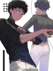 Rule 34 | 1boy, back, belt, black hair, black shirt, blue eyes, curly hair, dark-skinned male, dark skin, dungeon meshi, from behind, highres, holding, holding knife, kabru, knife, looking at viewer, male focus, maratang, multiple views, pants, shirt, short hair, simple background, smile, turtleneck, white background
