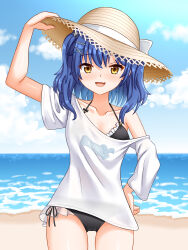 1girl amamiya_kokoro beach bikini bikini_under_clothes black_bikini blue_hair blue_sky cloud day fang frilled_bikini frills gluteal_fold hair_ornament hat highres horizon looking_at_viewer medium_hair nijisanji ocean outdoors shirt side-tie_bikini_bottom skin_fang sky solo straw_hat sun_hat swimsuit t-shirt tamba_i thigh_gap virtual_youtuber white_shirt x_hair_ornament yellow_eyes
