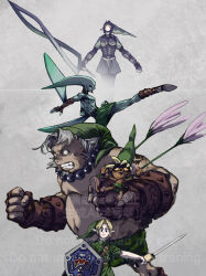 5boys absurdres blank_eyes blonde_hair blue_skin clenched_hand clenched_teeth colored_skin commentary_request deku_link fat fat_man fierce_deity goron goron_link green_hat green_tunic grey_background gus_uur hat high_kick highres holding holding_shield hylian_shield kicking link male_focus master_sword multiple_boys multiple_persona nintendo shield teeth the_legend_of_zelda the_legend_of_zelda:_majora&#039;s_mask tunic zora zora_link