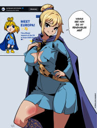 1girl :q between_breasts blonde_hair blue_cape blue_dress breasts cape cleavage_cutout clothing_cutout commentary covered_erect_nipples dress english_commentary fanny_pack grey_background hair_between_eyes hair_bun hand_on_own_chest hand_on_own_hip highres kneehighs kukuruyo large_breasts long_sleeves looking_at_viewer making-of_available mole mole_under_eye original paid_reward_available print_socks reference_inset simple_background smile socks solo speech_bubble star_(symbol) star_cutout star_print strap_between_breasts tongue tongue_out twitter