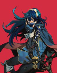 1girl armor belt blue_cape blue_gloves blue_hair brand_of_the_exalt cape chromatic_aberration commentary english_commentary falchion_(fire_emblem) film_grain fingerless_gloves fire_emblem fire_emblem_awakening gloves halveablock highres holding holding_mask holding_sword holding_weapon long_hair lucina_(fire_emblem) mask nintendo red_background sheath shoulder_armor simple_background solo sword tearing_up tiara two-sided_cape two-sided_fabric weapon