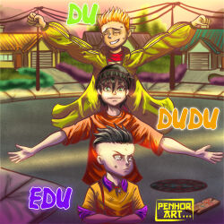3boys black_eyes black_hair cartoon_network closed_eyes crossed_arms ed_(ed_edd_n_eddy) ed_edd_n_eddy edd_(ed_edd_n_eddy) eddy_(ed_edd_n_eddy) green_eyes green_jacket guilherme_penhorate highres jacket male_focus multiple_boys orange_hair plank_(ed_edd_n_eddy) red_shirt shirt signature smile unibrow yellow_shirt