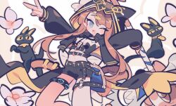 1girl arknights black_cat black_jacket black_shorts blush_stickers brown_background brown_hair cat colored_sclera commentary flower green_eyes hammer head_chain holding holding_hammer hood hood_up hooded_jacket infection_monitor_(arknights) jacket jewelry long_hair long_sleeves looking_at_viewer one_eye_closed open_mouth pepe_(arknights) pink_flower shorts simple_background sketch smile solo stomach thigh_strap v white_background yellow_sclera ym_dpl