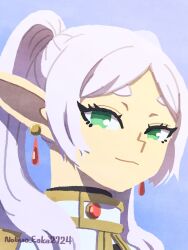 Rule 34 | 1girl, artist name, capelet, closed mouth, earrings, elf, frieren, green eyes, grey hair, jewelry, looking at viewer, nobuo eaka2724, pointy ears, solo, sousou no frieren, twintails, white capelet