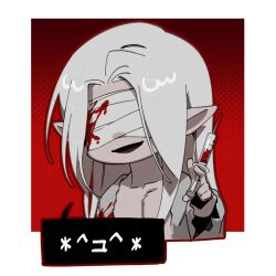 Rule 34 | 1boy, bandages, bandages over eyes, bbabbamis2, blood, blood on clothes, bloody bandages, chibi, coat, commentary request, gradient background, grey coat, grey hair, halftone, halftone background, highres, holding, holding syringe, homicipher, korean commentary, long hair, male focus, mr. silvair, pointy ears, red background, spoken expression, syringe, upper body