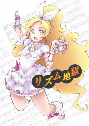 10s 1girl bass_clef beamed_quavers blonde_hair boots braid choker crotchet_rest cure_rhythm dress earrings eyelashes female_focus flat_sign frilled_dress frills gachiling green_eyes hair_ornament hair_ribbon jewelry knee_boots kneehighs long_hair looking_at_viewer magical_girl minamino_kanade musical_note open_mouth ponytail precure puffy_sleeves quaver quaver_rest ribbon sharp_sign sheet_music single_braid socks solo suite_precure translation_request treble_clef very_long_hair white_choker white_dress wrist_cuffs