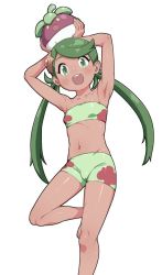 1girl :o armpits arms_up bandeau bare_arms bare_legs barefoot bikini blush bounsweet breasts cameltoe cleavage creatures_(company) dark-skinned_female dark_skin feet floral_print game_freak gen_1_pokemon gen_7_pokemon green_eyes green_hair hair_ornament holding legs looking_at_viewer mallow_(pokemon) navel nintendo official_alternate_costume open_mouth pokemon pokemon_(anime) pokemon_(creature) pokemon_sm pokemon_sm012 pokemon_sm_(anime) simple_background small_breasts staryu stomach strapless swimsuit torathi trial_captain tube_top twintails white_background