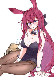 Rule 34 | 1girl, absurdres, animal ears, arknights, arm between legs, arm support, bare arms, bare shoulders, black bow, black bowtie, black leotard, blush, bow, bowtie, breasts, bunny day, cleavage, collarbone, detached collar, feet out of frame, front-seamed legwear, hair bow, head tilt, highres, large breasts, leotard, long hair, looking at viewer, maiq06, multicolored hair, open mouth, playboy bunny, purple eyes, purple hair, rabbit ears, rabbit girl, ray (arknights), seamed legwear, simple background, sitting, sleeping, solo, strapless, strapless leotard, streaked hair, thigh gap, thighs, white background, white wrist cuffs, wrist cuffs, zzz
