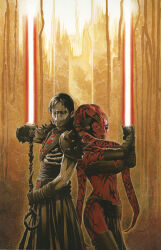 1boy 1girl alien black_gloves black_hair colored_skin darth_nihl darth_talon elbow_gloves energy_sword facial_tattoo gloves highres holding holding_sword holding_weapon lightsaber looking_at_viewer pelvic_curtain red_eyes red_lightsaber red_skin sith spiked_pauldrons standing star_wars star_wars:_legacy sword tattoo togruta travis_charest weapon
