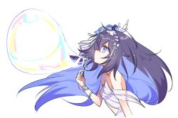 1girl arm_at_side black_hair blowing_bubbles blue_eyes blue_flower blue_hair bow bubble bubble_wand clothing_cutout colored_inner_hair commentary cropped_torso dress floating_hair flower from_side hair_between_eyes hair_bow hair_flower hair_ornament hand_up highres honkai_(series) honkai_impact_3rd leaning_forward long_hair looking_at_object looking_up multicolored_hair no_mouth pic_p_p profile ribbon seele_vollerei seele_vollerei_(herrscher_of_rebirth) simple_background sleeveless sleeveless_dress soap_bubbles solo stomach_cutout symbol-only_commentary two-tone_hair white_background white_bow white_dress white_petals white_straps wrist_ribbon