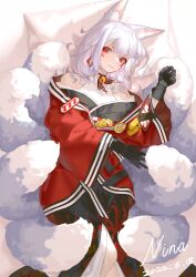 1girl absurdres animal_ear_fluff animal_ears awakeningdog bell black_choker black_gloves black_kimono character_name choker commentary dated eyeshadow facial_mark feet_out_of_frame floral_print fluffy fox_ears fox_girl fox_tail from_above gloves highres jacket japanese_clothes kimono looking_at_viewer lying makeup medium_hair multiple_tails neck_bell nijisanji nijisanji_en nina_kosaka nina_kosaka_(1st_costume) no_headwear obi obijime off_shoulder on_back pillow red_eyes red_eyeshadow red_jacket ribbon_choker sash smile solo symbol-only_commentary tail virtual_youtuber white_hair wide_sleeves