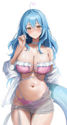 1girl ahoge bare_shoulders bikini blue_hair borrowed_design breasts closed_mouth commentary_request cowboy_shot cross-laced_bikini cross-laced_clothes crossed_bangs double-parted_bangs frilled_bikini frills hair_between_eyes hand_up haro_art heart heart_ahoge heart_o-ring highres holding holding_swim_ring hololive innertube jacket large_breasts long_hair looking_at_viewer messy_hair multi-strapped_bikini_bottom multi-strapped_bikini_top navel o-ring o-ring_bikini off_shoulder pink_bikini pointy_ears sarong see-through_clothes see-through_sarong simple_background smile solo stomach strapless strapless_bikini swim_ring swimsuit thigh_gap virtual_youtuber white_background white_jacket yellow_eyes yukihana_lamy