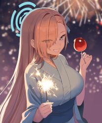 1girl absurdres aerial_fireworks alternate_costume asuna_(blue_archive) asymmetrical_bangs blue_archive blue_eyes blue_halo blue_kimono blue_ribbon blurry blurry_background breasts candy_apple collarbone eyes_visible_through_hair fireworks food grin hair_intakes hair_over_one_eye hair_ribbon halo hands_up highres holding holding_candy_apple holding_fireworks japanese_clothes kimono large_breasts long_bangs long_hair long_sleeves looking_at_viewer obi poni13101 ribbon sash smile solo sparkler straight_hair summer_festival upper_body wide_sleeves yukata