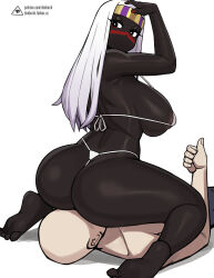 1boy 1girl areola_slip artist_logo bald barefoot bikini black_eyes black_skin breasts bright_pupils colored_skin commentary donburi_(donburikazoku) duck_dodgers faceless faceless_male fanbox_username hetero highres huge_breasts large_breasts logo long_hair looking_at_viewer looking_back nail_polish no_mouth patreon_username queen_tyr&#039;ahnee red_nails sitting sitting_on_face sitting_on_person soles strap_gap string_bikini swimsuit thighs thong_bikini thumbs_up underboob white_bikini white_hair white_pupils