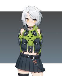 anby_demara belt black_background braid braided_bangs choker detached_sleeves fingerless_gloves gloves headphones hood hoodie midriff orange_hair pleated shirt short_hair skirt sleeveless sleeveless_hoodie thigh_strap thighhighs vest white_background white_hair zenless_zone_zero