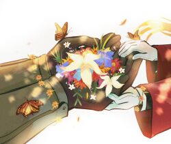 2boys alphonse_elric andythelemon armor blue_flower brothers bug butterfly edward_elric falling_petals flower fullmetal_alchemist gloves head_out_of_frame holding holding_flower insect jacket male_focus monarch_butterfly multiple_boys petals red_flower red_jacket siblings white_background white_flower white_gloves yellow_flower